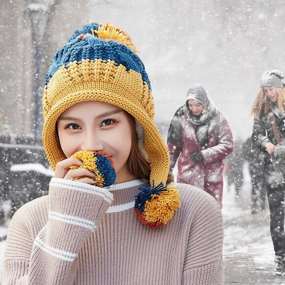 Women Yellow blue Winter Peruvian Cover Ears Beanie Hat Ear Flaps Sherp Ski Snow